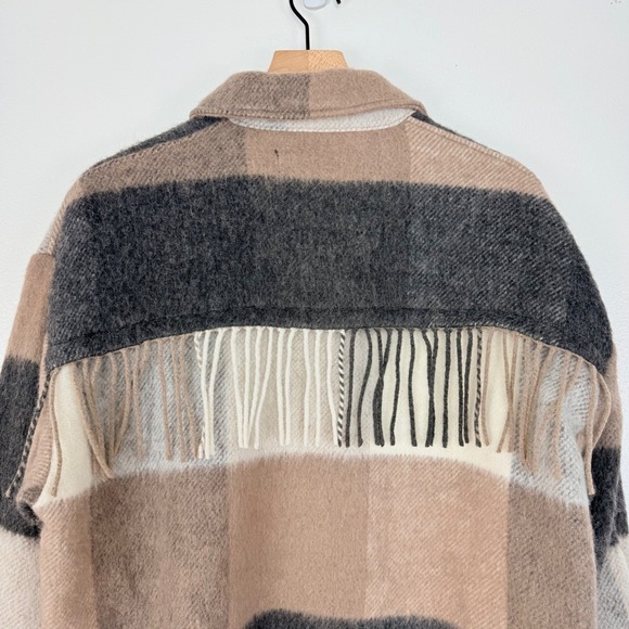 ZARA Oversized Plaid Shacket Jacket Size M Wool Blend Fringe Back Neutral Cozy - Picture 9 of 14